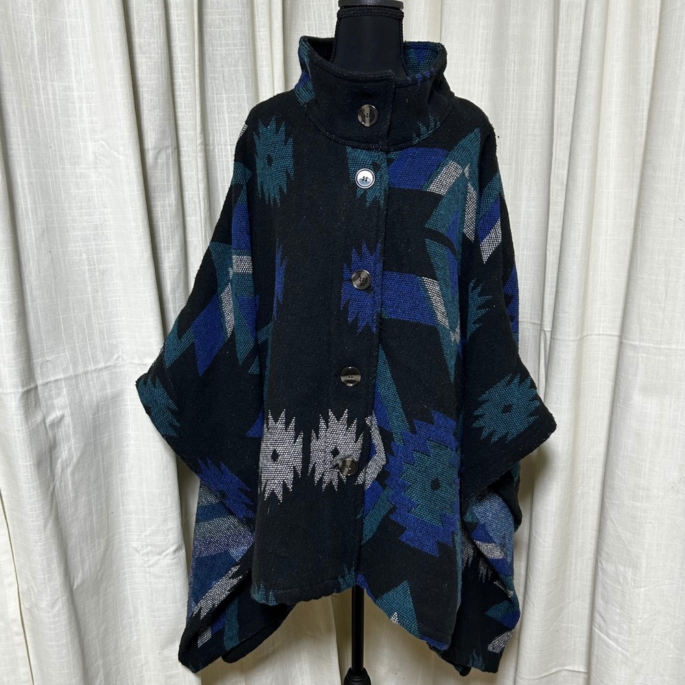 Women Southwest Geometric Pattern‎ Poncho Cape Black Blue Gray Small aztec